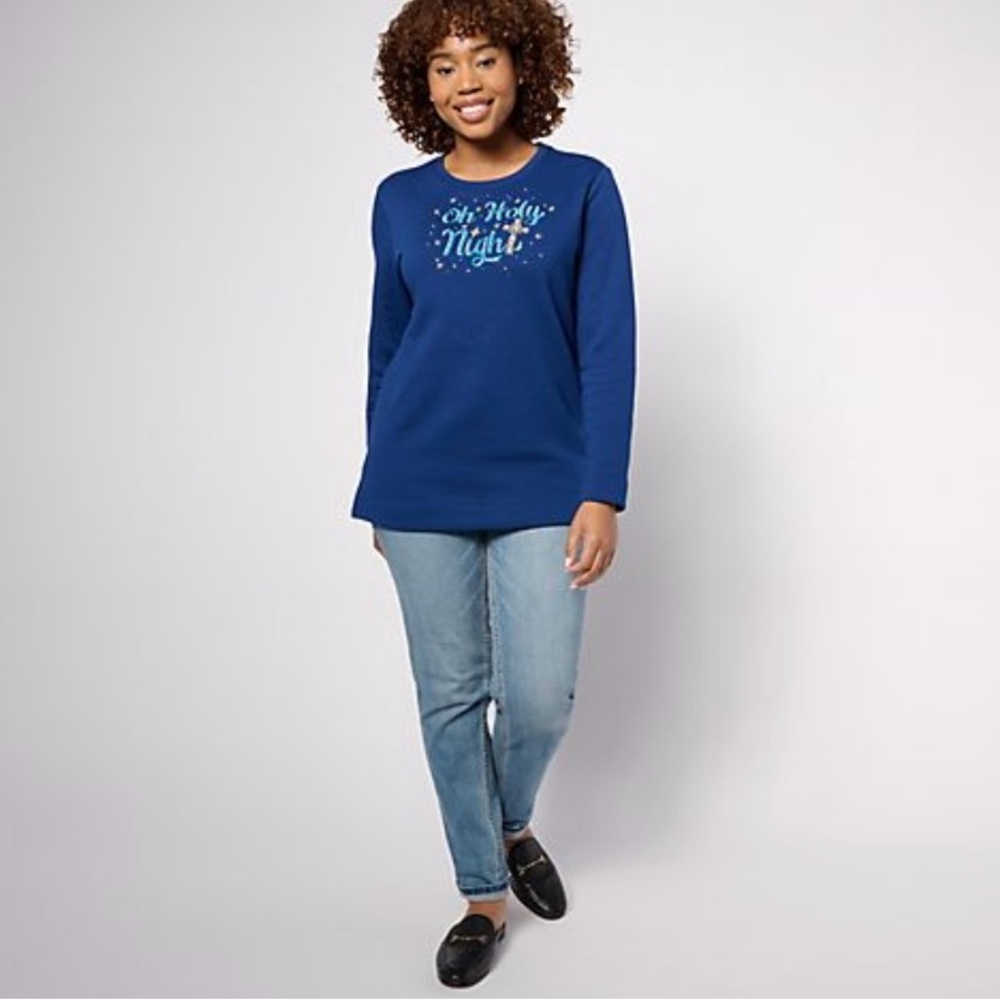 Quacker Factory Reason for the Season Embroidered Sweatshirt in Light Navy